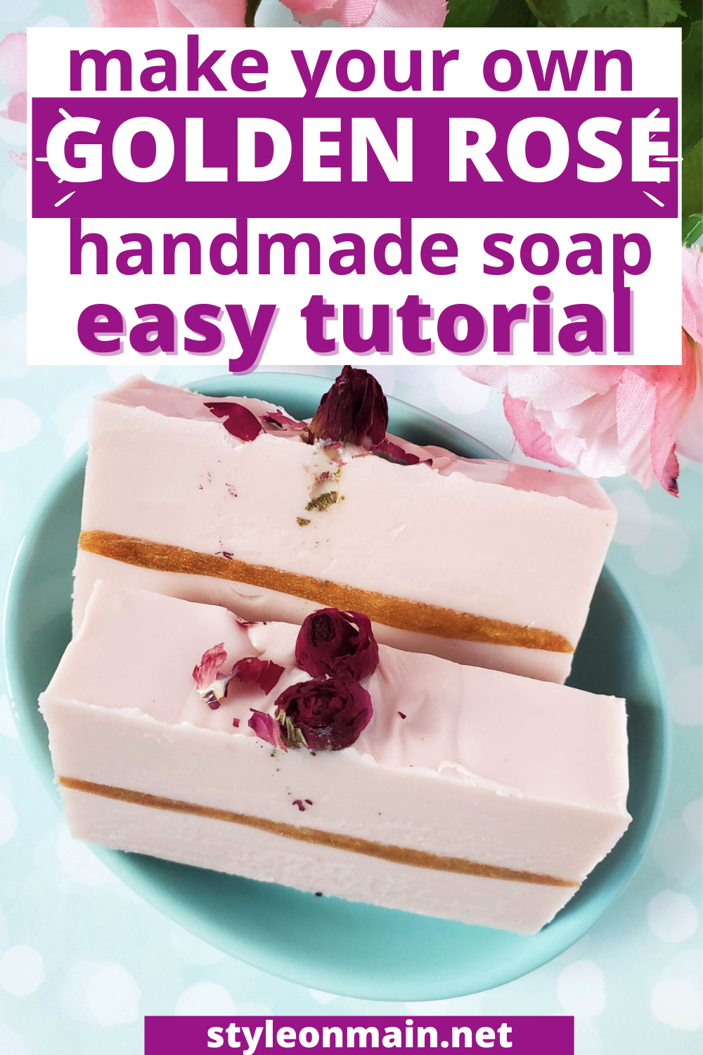 An easy to make handmade soap that's oh so luxe. This easy to follow melt and pour tutorial will have you feeling like a spamaking master in no time. Plus, the finished Golden Rose scented soap is luxurious, glamorous, and oh so moisturizing. 