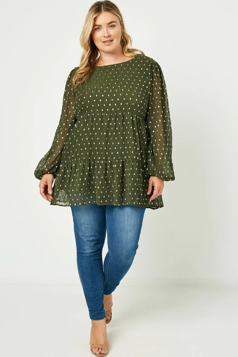 Hayden Los Angeles Green Metallic Dot Tiered tunic