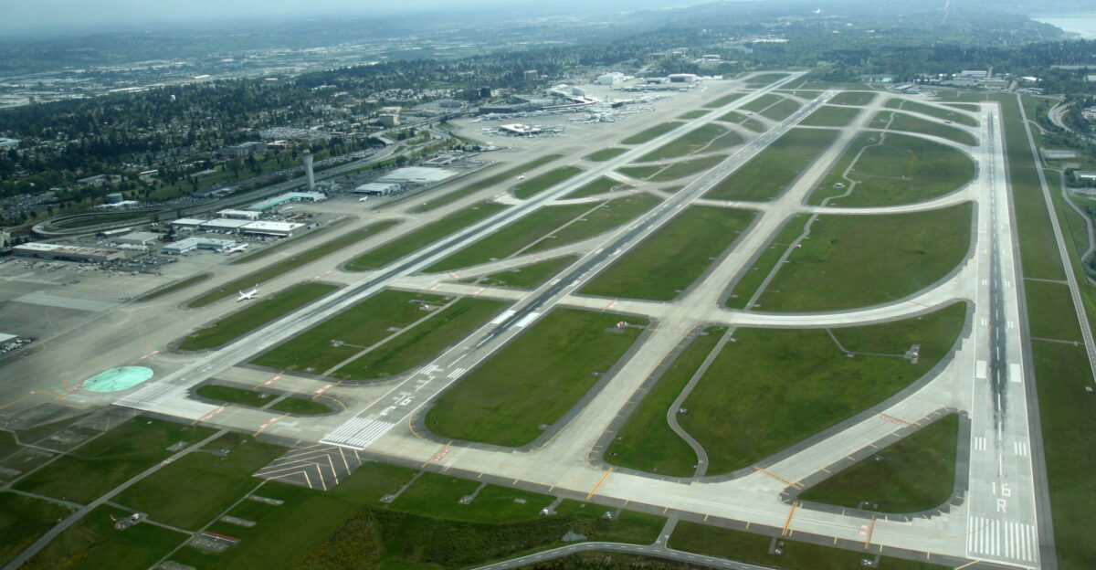 An aerial view of the Seattle-Tacoma International Airport from the north end of the field looking south