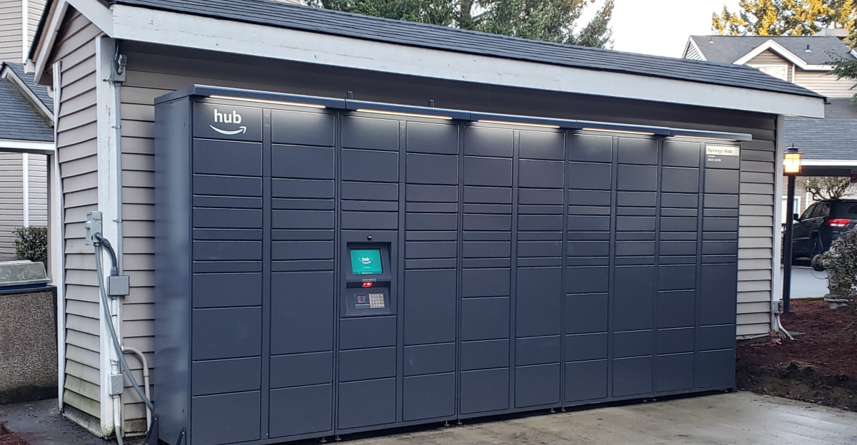 An example of an Amazon Hub installed at an apartment location.