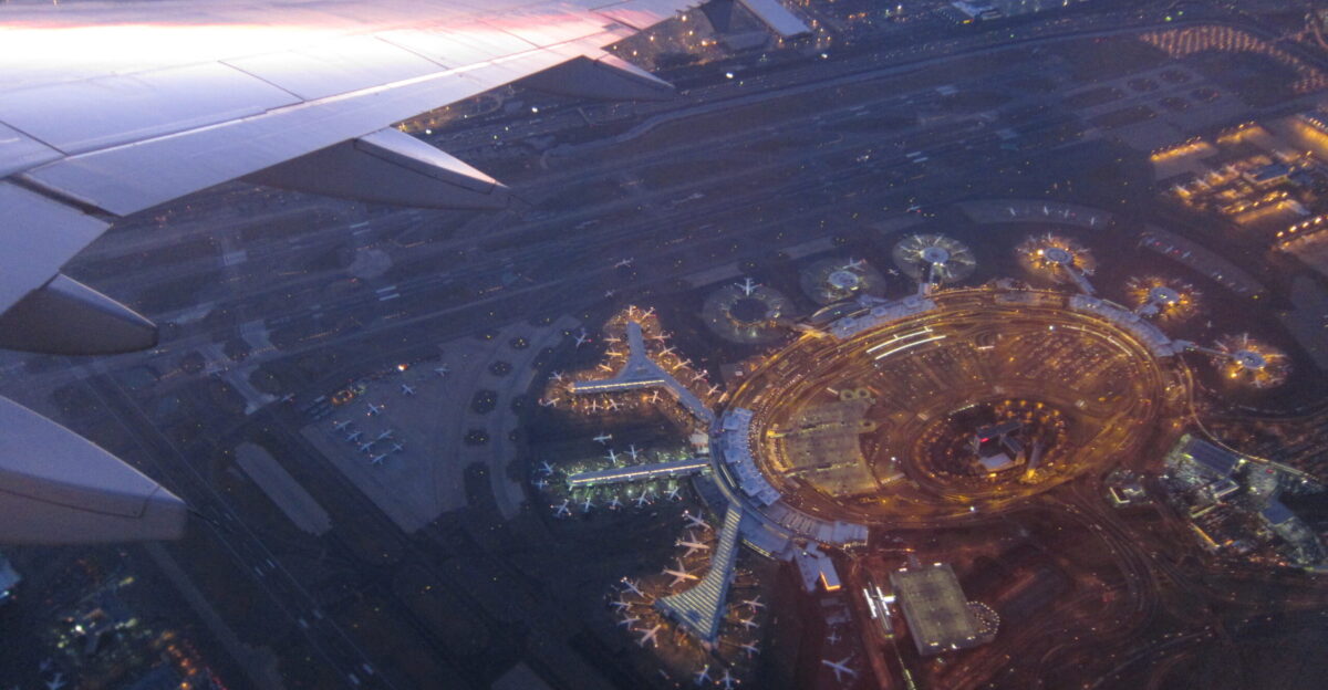The terminals at Newark Liberty International Airport as seen from a departing Airbus A319