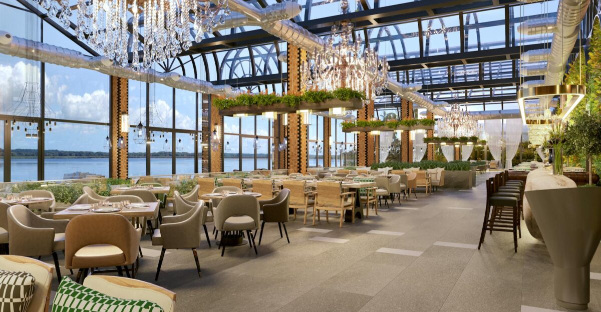 Elegant restaurant interior in Baghdad featuring chandeliers and a view
