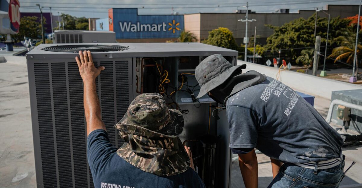 Two technicians repair a rooftop HVAC unit outside a Walmart store.