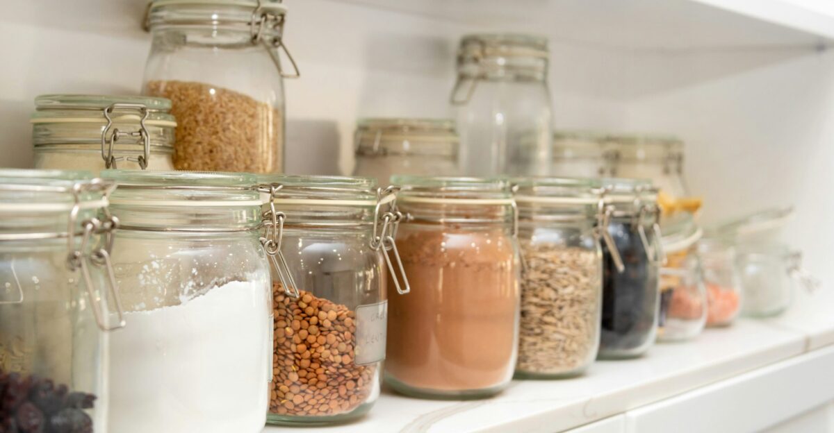 a row of jars filled with different types of food