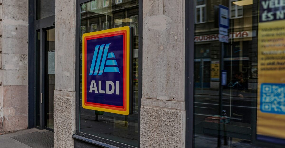 a store front with a large ad on it