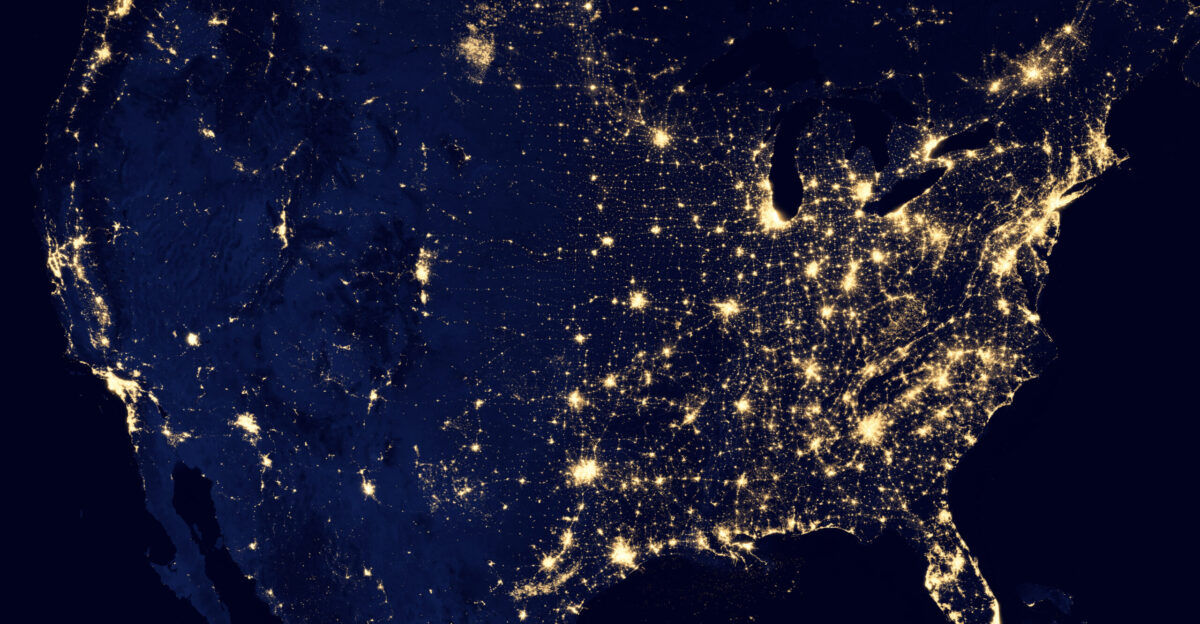 NASA image acquired April 18 - October 23 2012 This image of the United States of America at night is a composite assembled from data acquired by the Suomi NPP satellite in April and October 2012 The image was made possible by the new satellite s day-night band of the Visible Infrared Imaging Radiometer Suite VIIRS which detects light in a range of wavelengths from green to near-infrared and uses filtering techniques to observe dim signals such as city lights gas flares auroras wildfires and reflected moonlight Instrument Suomi NPP - VIIRS Projection Albers equal-area conic WGS84 datum standard parallels 29 5 N and 44 5 N central meridian 96 W origin latitude 23 N On this image one pixel is 737 19 737 19 m