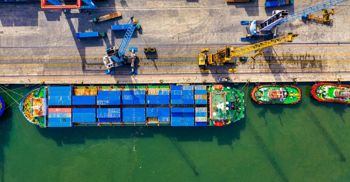 Aerial photograph showcasing vibrant cargo operations at a bustling port in North Jakarta Indonesia