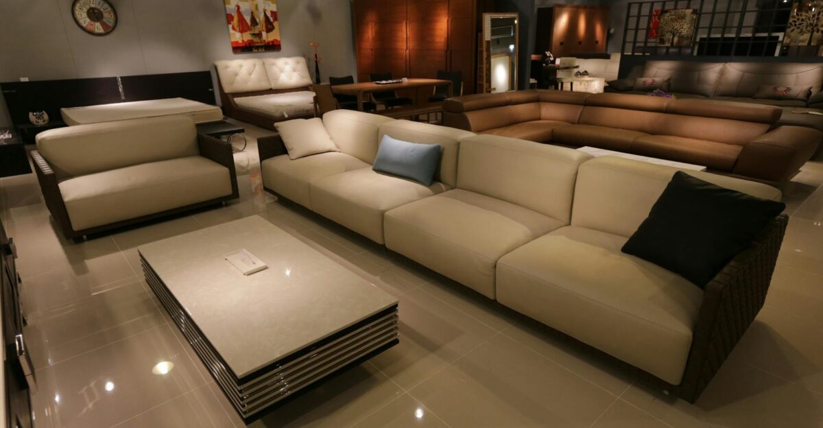 Elegant living room showcasing modern furniture with plush sofas and ambient lighting
