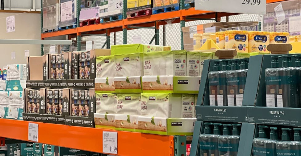 Bulk products displayed on shelves in a wholesale warehouse setting