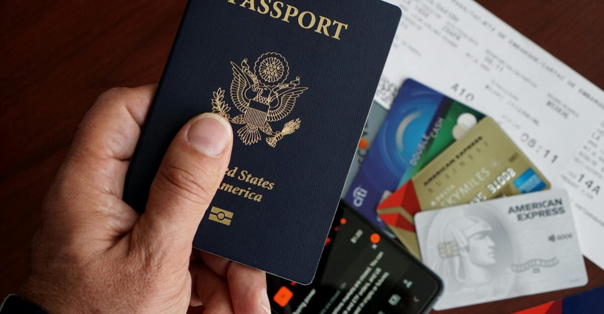 A close-up of a US passport with credit cards tickets and a mobile phone on a table