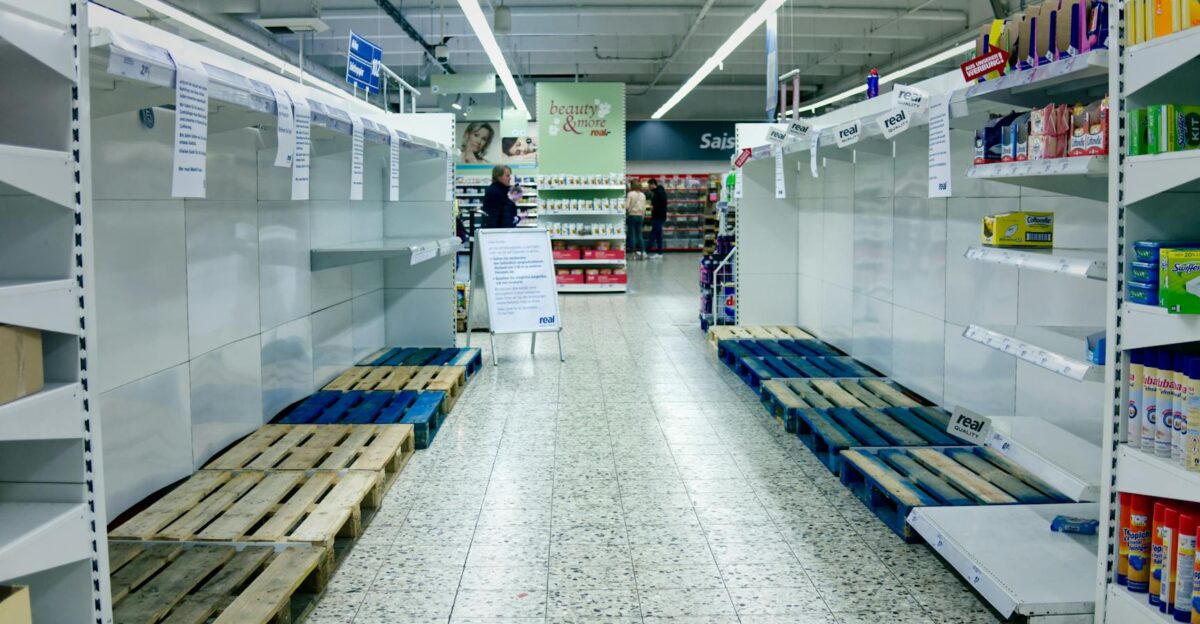 Empty supermarket shelves in Bielefeld Germany depicting a shortage or high demand situation