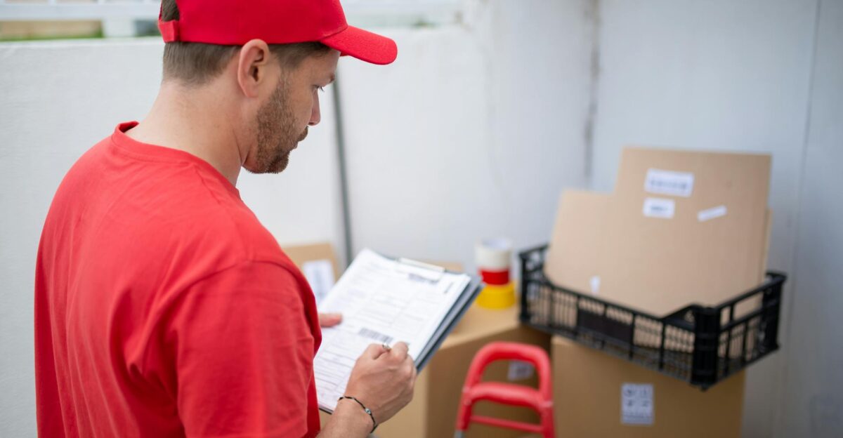 Delivery person in red uniform checks packages Outdoor location Portugal
