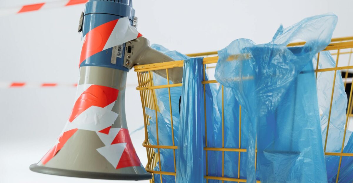 A shopping cart with a megaphone and plastic bags highlights themes of consumerism and activism