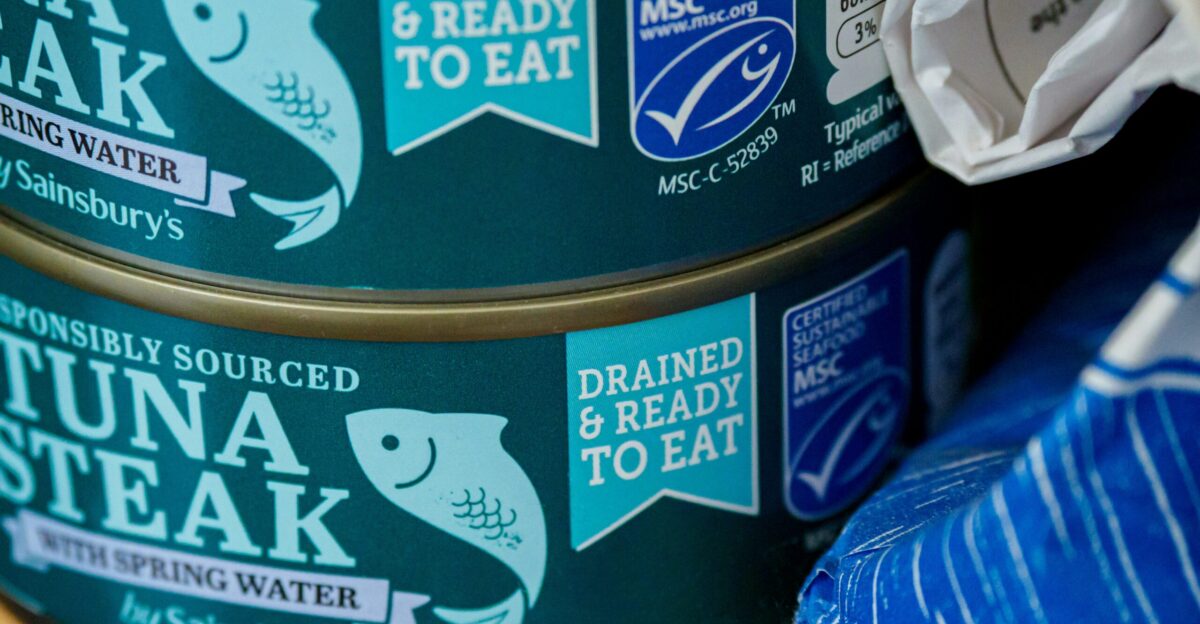 blue and white labeled can