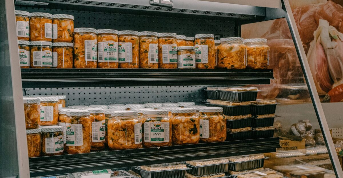 a display in a store filled with lots of food