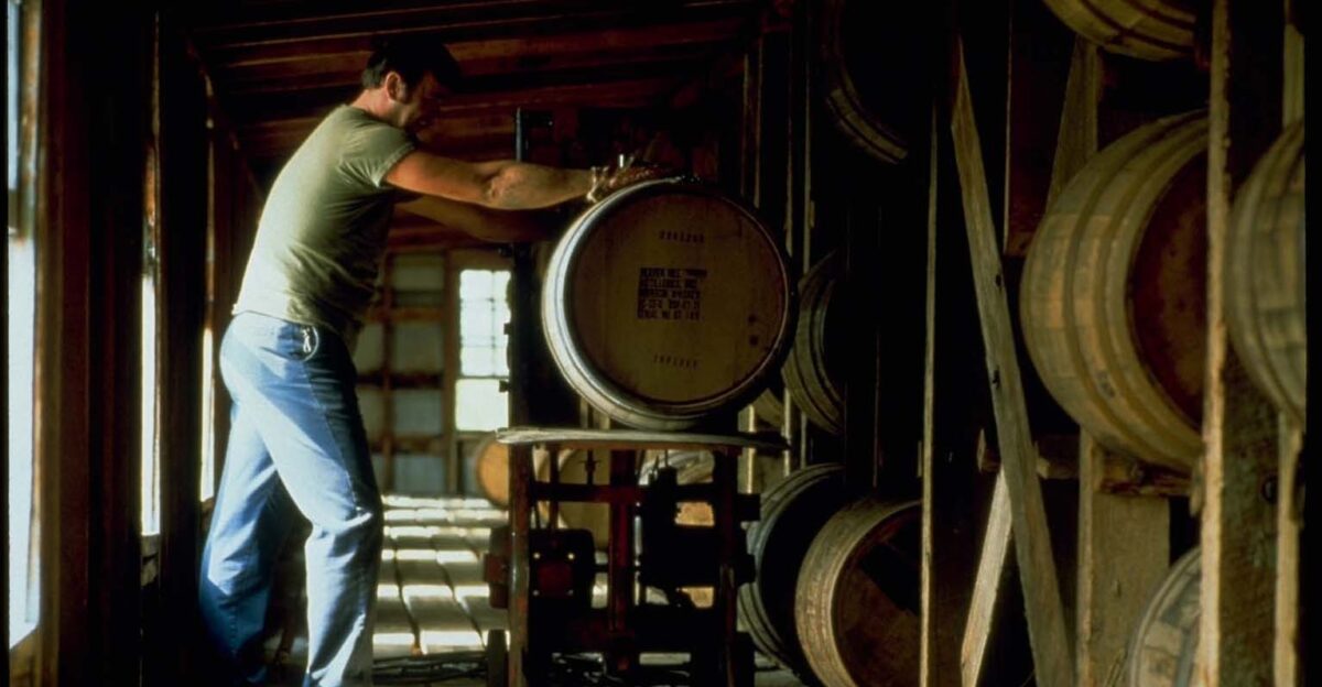 Scope and content The original finding aid described this photograph as Original Caption A worker stacks barrels of bourbon at the Heaven Hill Distillery in Bardstown Kentucky Location Bardstown Kentucky Status Public domain Courtesy of